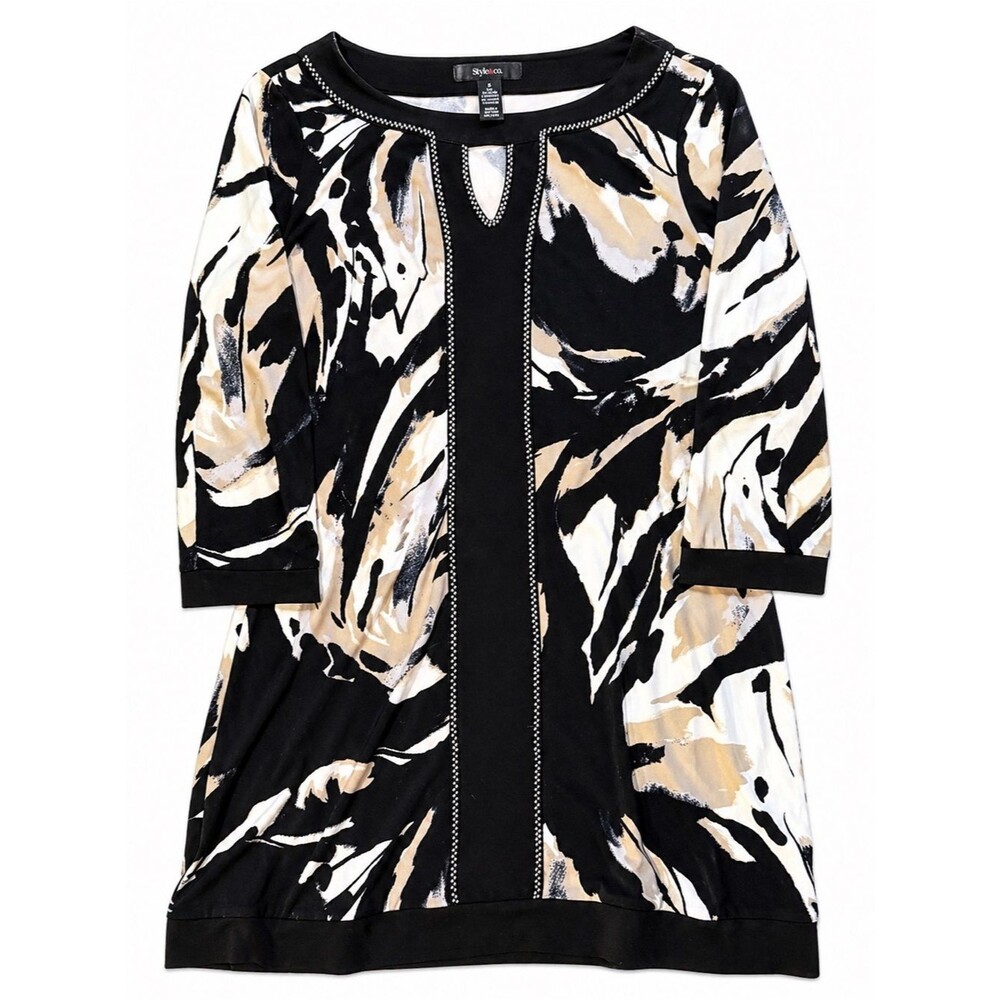 Style & Co Abstract Tunic Top Black Tan Cream Casual Chic Women’s Size Small